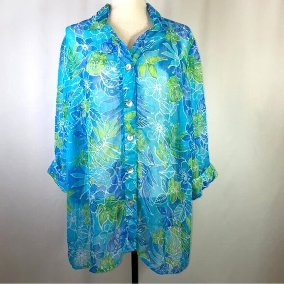 Maggie Barnes Tops - Maggie Barnes Tunic Blouse Size 0X Semi Sheer Floral Blue Green 3/4 Sleeves